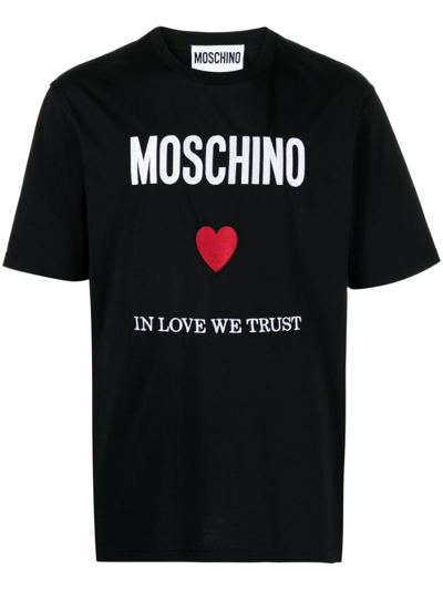 Moschino Logo刺绣棉t恤 In Black