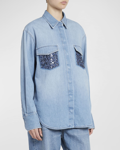 Valentino Beaded Pocket Long-sleeve Collared Chambray Shirt In Denim Blu Lav Chiaro