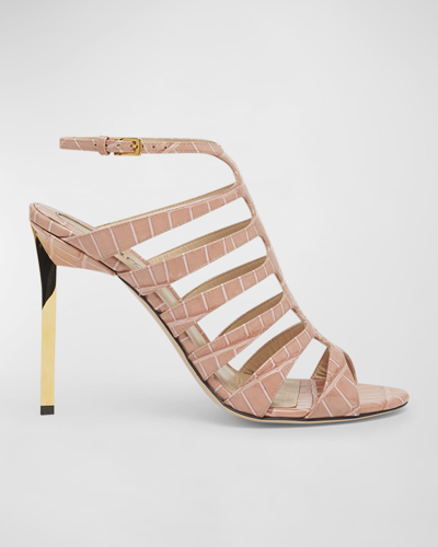Tom Ford Croco Caged Stiletto Slingback Sandals In Rose Clay