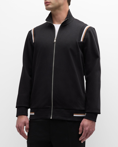 Hugo Boss Zip-up Sweatshirt With Signature-stripe Trims In Black