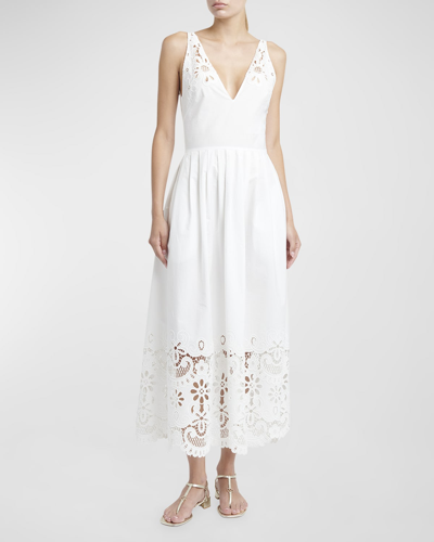 Valentino Sleeveless Floral Laser-cut Detailed Midi Dress In White
