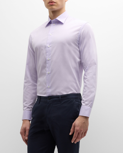 Emporio Armani Cotton Tonal Windowpane Regular Fit Button Down Shirt In Solid Light