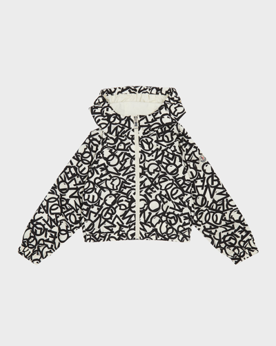 Moncler Kids' Girl's Scattered Logo Letters Printed Jacket In Black