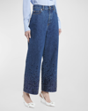 VALENTINO SEQUIN EMBROIDERED WIDE-LEG ANKLE DENIM JEANS