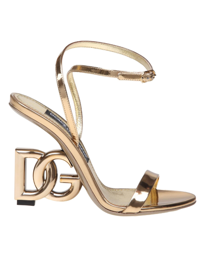 Dolce & Gabbana Gold-toned Sandals With Dg Logo Heel In Laminated Leather Woman