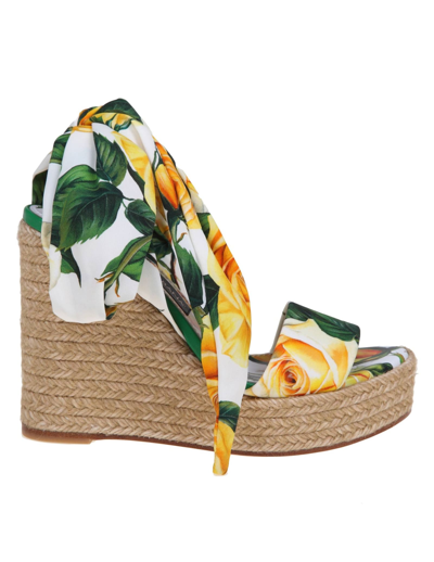Dolce & Gabbana Lolita Sandals With Yellow Rose Print In White/yellow