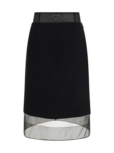 Prada Enamel Triangle-logo Wool Skirt In Nero