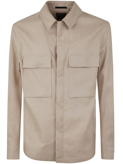 Z Zegna Long Sleeved Concealed Fastened Overshirt In Brown