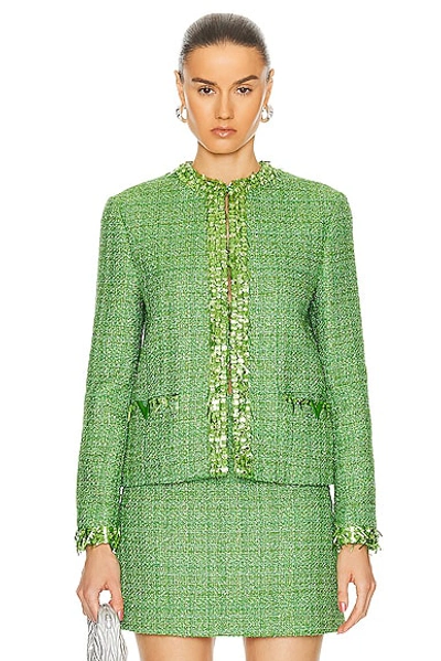 Valentino Tweed Sequin Fringe Embroidered Jacket In Med Green