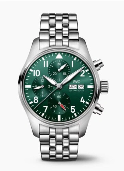 Pre-owned Iwc Schaffhausen Pilot's Watch Green Chronograph 41 Watch (iw388104) On Bracelet
