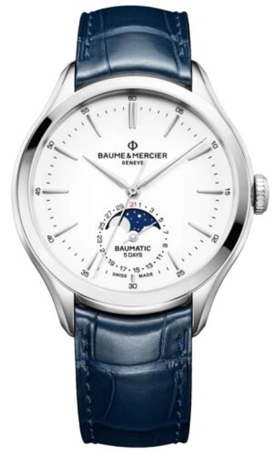 Pre-owned Baume & Mercier Clifton Baumatic Auto Blue Leather Moonphase Mens Watch M0a10549