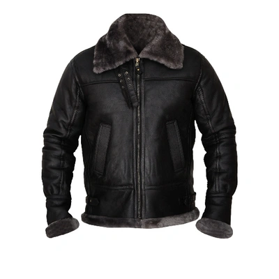 Pre-owned Hidden Men's Flying Aviator Shear-ling Sheepskin Leather Jacket With Re-moveable Hood In Black