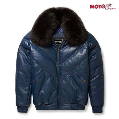 Pre-owned Bomber Men's V- Sheep Leather Faux Down Goose  Jacket With Fox Fur Collar In Blue