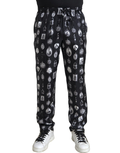 Pre-owned Dolce & Gabbana Pants Black Religious Print Joggers Silk Men It50/w36/l 1500usd