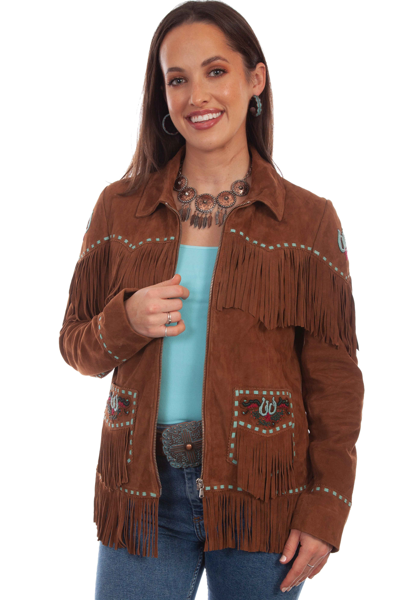Pre-owned Scully Womens Brown Lamb Suede Leather Pick Stitch Fringe Jacket