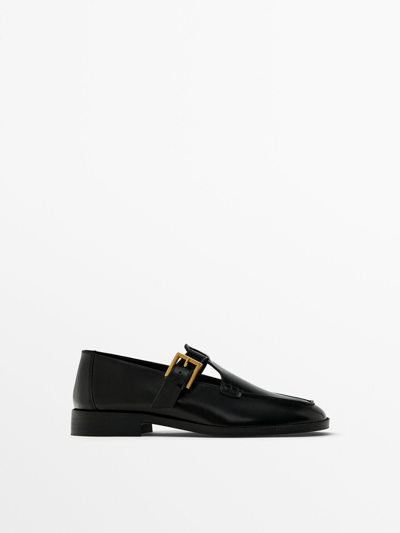 Massimo Dutti Square-toe Buckled Loafers In Black