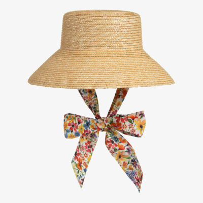 Il Gufo Kids' Girls Beige Straw Sun Hat In Multicolor