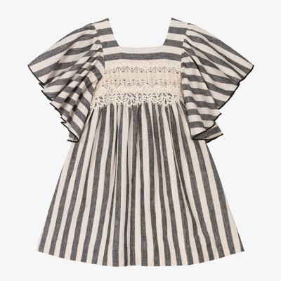Foque Babies' Girls Ivory & Black Striped Linen Dress