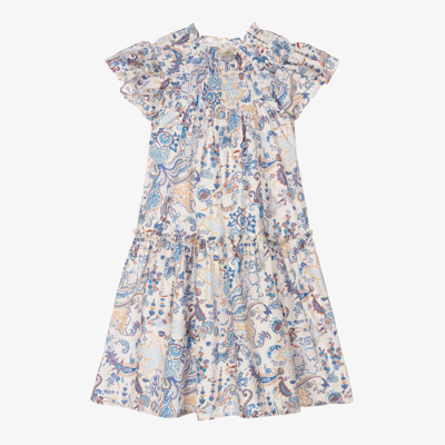 The New Society Kids' Girls Blue Cotton Liberty Print Dress In Multicoloured
