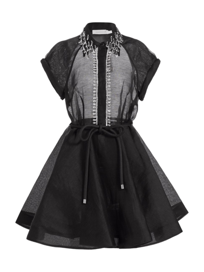 Zimmermann Matchmaker Crystal Embellished Belted Linen & Silk Organza Minidress In Black