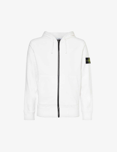 Stone Island Mens White Brand-badge Slip-pocket Cotton-jersey Hoody