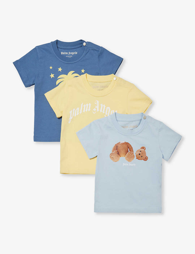 Palm Angels Babies'  Blue Brown Brand-print Pack Of Three Cotton-jersey T-shirts 3-12 Months