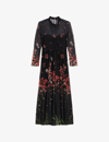 TED BAKER TED BAKER WOMENS BLACK SUSENAA RUFFLE-NECK FLORAL-PRINT STRETCH-MESH MIDAXI DRESS