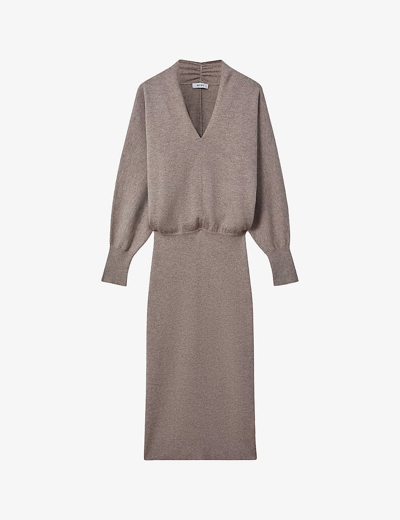 Reiss Womens Neutral Sally V-neck Long-sleeve Wool And Cashmere-blend Midi Dress In Neutral