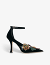 JIMMY CHOO JIMMY CHOO WOMEN'S BLACK/MULTI AZARA FLOWER-EMBELLISHED VELVET COURTS