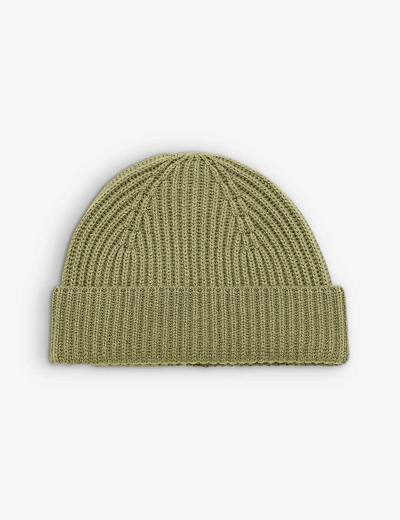 Joseph Womens Dark Olive Cardigan-stitch Folded-brim Wool-knit Beanie Hat