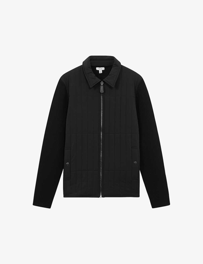 Reiss Mens Black Tosca Zip-through Knitted-sleeve Shell Coat