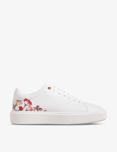 Ted Baker Womens White Lorny Floral-print Platform-sole Leather Low-top Trainers