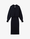 REISS REISS WOMEN'S NAVY SALLY V-NECK LONG-SLEEVE WOOL AND CASHMERE-BLEND MIDI DRESS