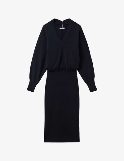 Reiss Sally V-neck Long-sleeve Wool And Cashmere-blend Midi Dress In Navy