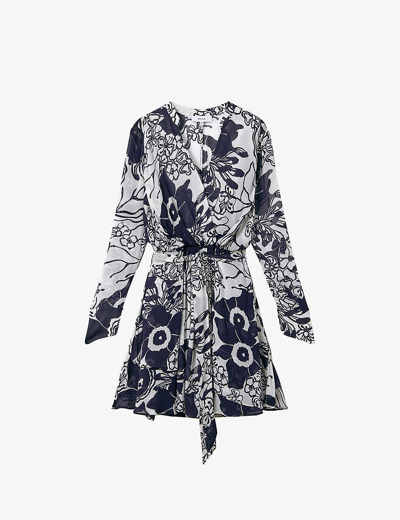Reiss Sienna Printed Tie Neck Shirtdress In Black