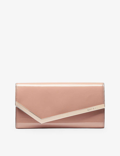 JIMMY CHOO WOMENS PINK/GOLD EMMIE LOGO-ENGRAVED PATENT-LEATHER CLUTCH