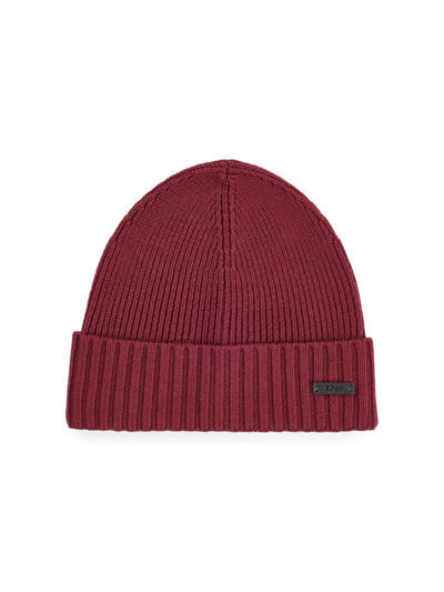 Hugo Boss Ribbed Beanie Hat In Virgin Wool In Dark Red 602