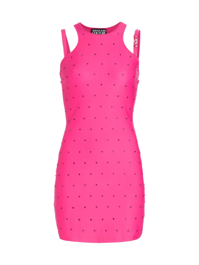 Versace Jeans Couture Racerback Crystal-embellished Mini Bodycon Dress In Hot Pink