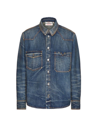 VALENTINO MEN'S DENIM SHIRT WITH METALLIC V DETAIL