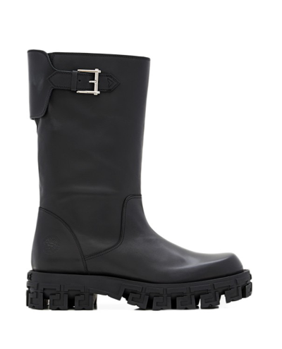 Versace Belted Leather Boots In Black