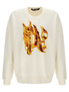 Palm Angels White Crewneck Sweatshirt With Burning Logo Print In Cotton Man In White