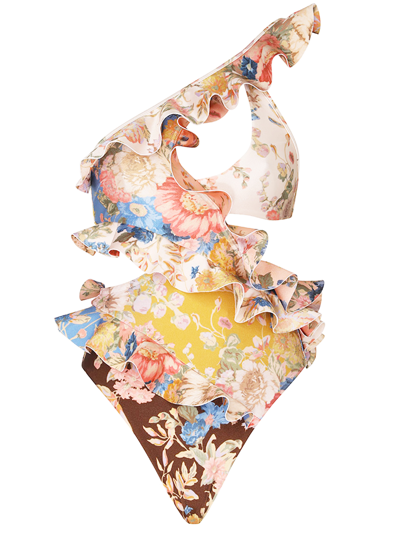 Zimmermann August Asymmetric Ruffle Cutout One-shoulder One-piece Swimsuit In Multicolour