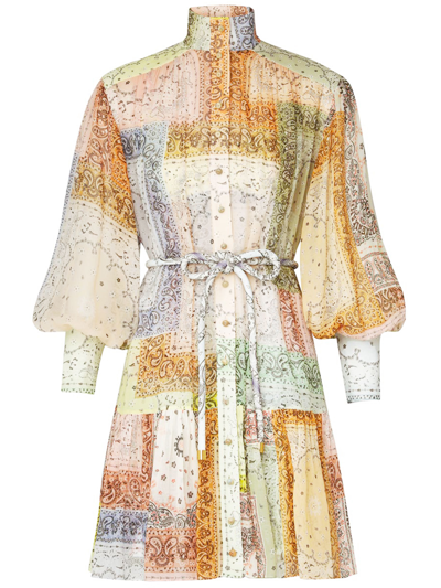 Zimmermann Matchmaker Lantern Belted Printed Cotton And Silk-blend Voile Mini Dress In Nude