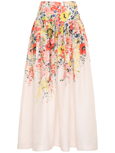 Zimmermann Alight Basque Floral-pattern Linen Midi Skirt In Multicolour