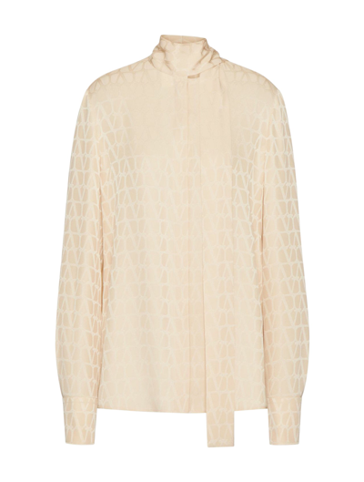 Valentino Silk Jacquard Pussy-bow Shirt In Nude & Neutrals