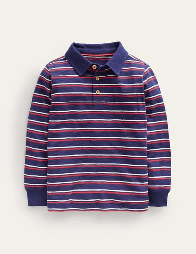 Mini Boden Kids' Slubbed Long-sleeve Polo Shirt Ivory/sapphire Blue/poppy Red Boys Boden