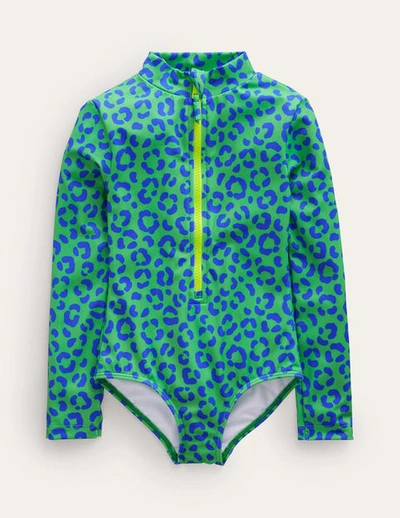 Mini Boden Kids' Long-sleeved Swimsuit Green Leopard Girls Boden
