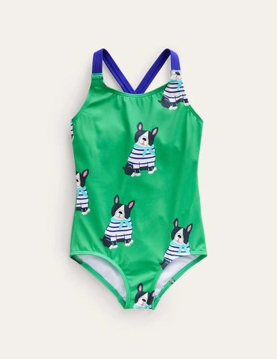 Mini Boden Kids' Cross-back Printed Swimsuit Ming Green Dogs Girls Boden