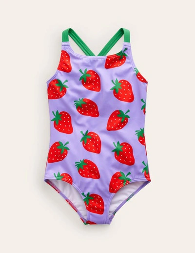 Mini Boden Kids' Cross-back Printed Swimsuit Violet Tulip Strawberries Girls Boden In Multi