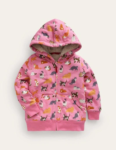 Mini Boden Kids' Shaggy-lined Hoodie Formica Pink Cats Girls Boden